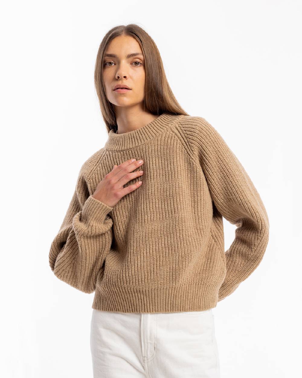 Rotholz Grober Strickpullover Wollmischung - Beige Sonderangebot der Fabrik