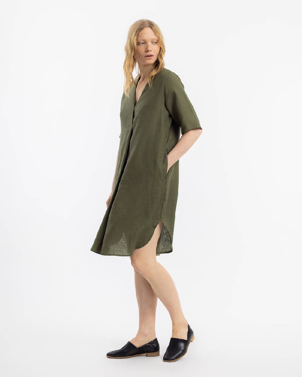 Rotholz Kaftan Kleid Leinen Mix - Oliv Flash Sale