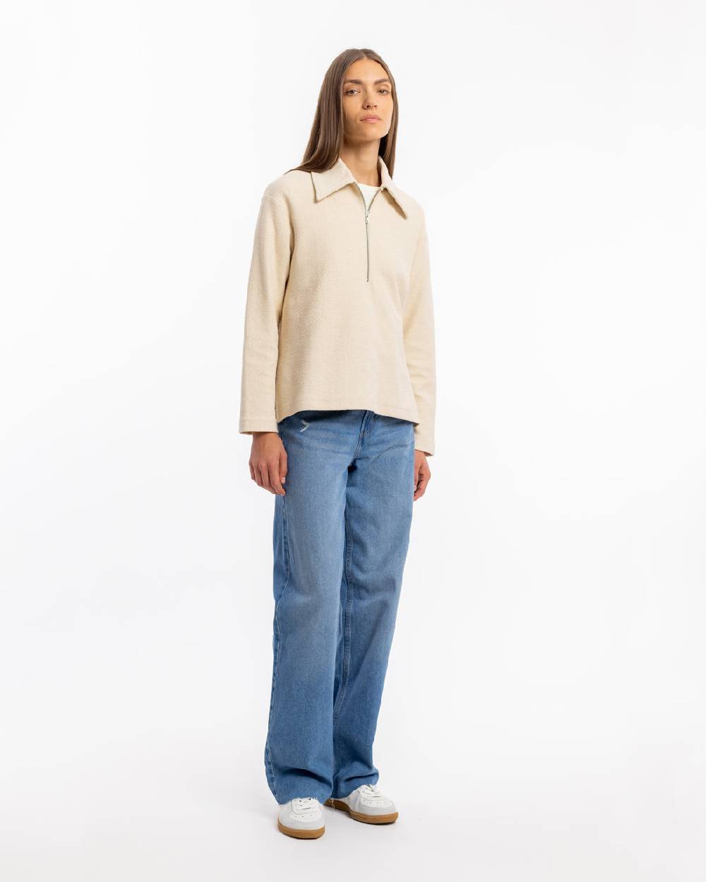 Rotholz Polo Zip Sweatshirt Bio Baumwolle - Creme Exklusivangebot