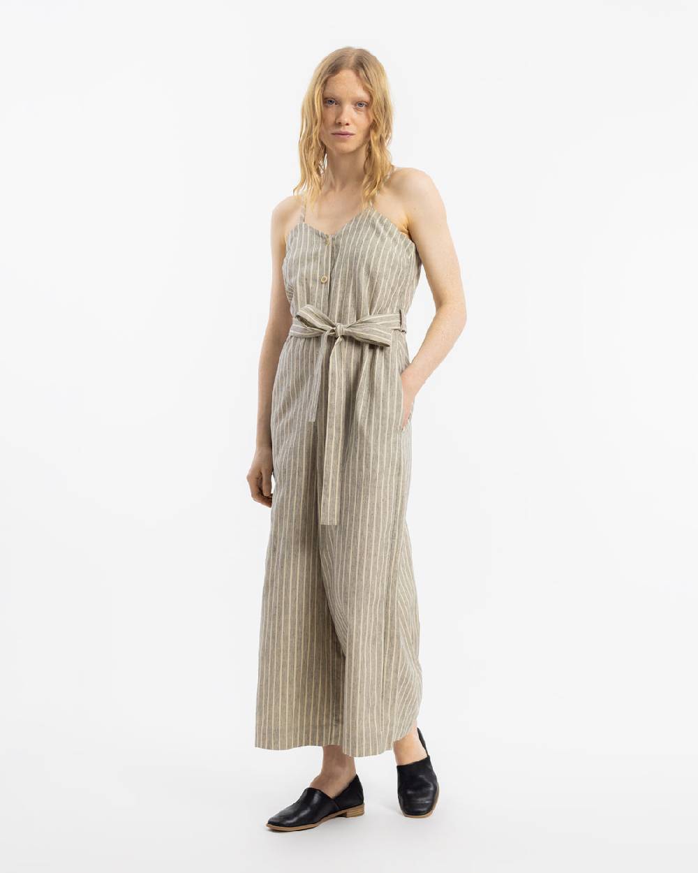 Rotholz Jumpsuit Leinen Mix - Grau Gestreift 50% Rabatt für begrenzte Zeit