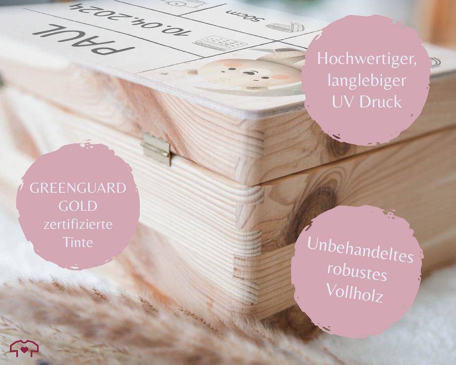 Shirtracer Holzkiste zur Geburt Baby Personalisierte mit Bär Baby Erinnerungsbox Geschenk zur Geburt Shirtracer im Angebot