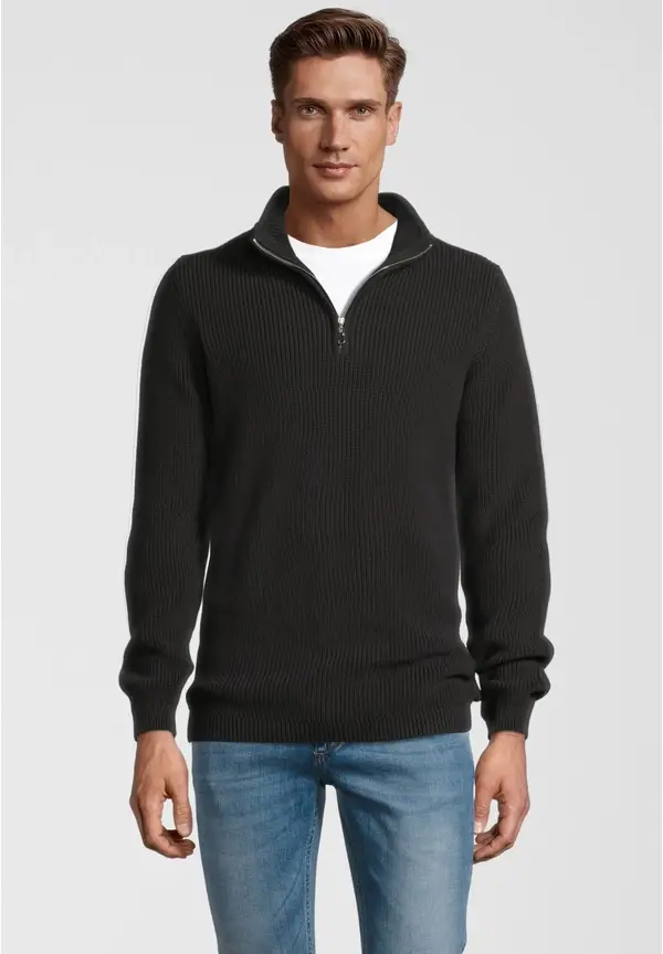 Steffen Klein Pullover Troyer Stehkragen Reißverschluss in Schwarz Sonderangebot