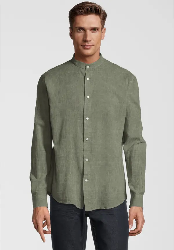 Steffen Klein Hemd Stehbund Leinen-Mix in khaki Neueste Stile