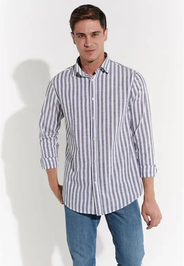 Steffen Klein Hemd in Leinen-Optik in Blue white Sonderangebot der Fabrik